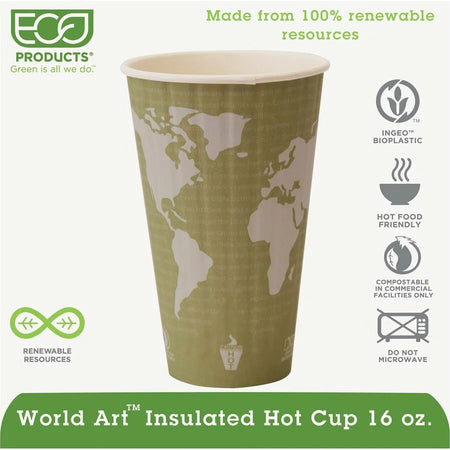 Eco-Products 16 oz World Art Insulated Hot Beverage Cups - fl - Tan - Drink - 600 / Carton