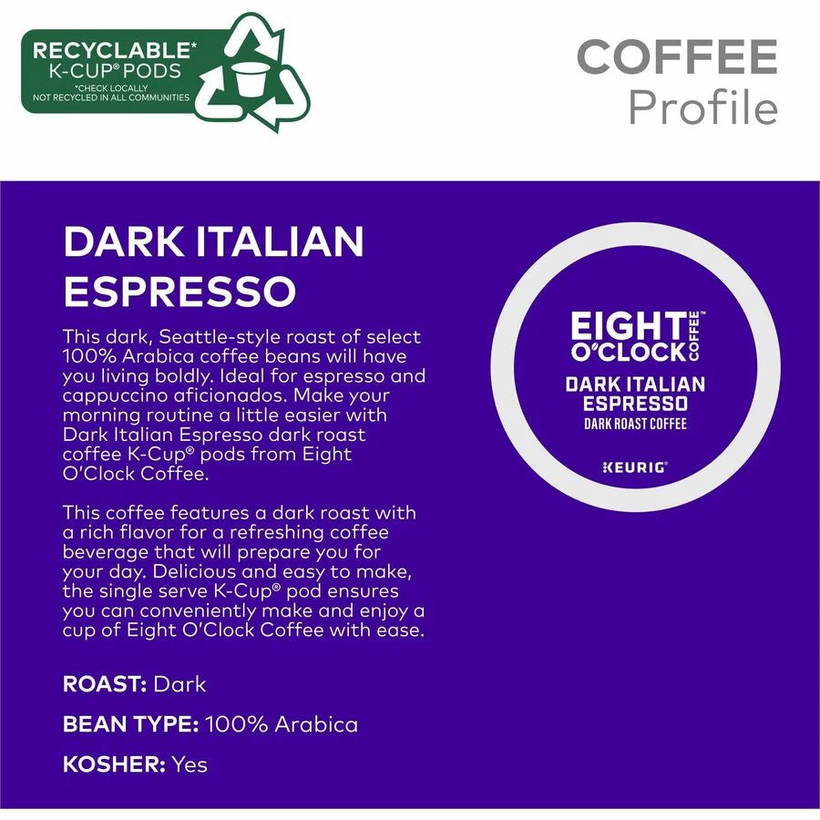 Eight O’Clock K-Cup Ground Dark Italian Espresso Coffee - Compatible with Keurig Brewer - Per Box - 24