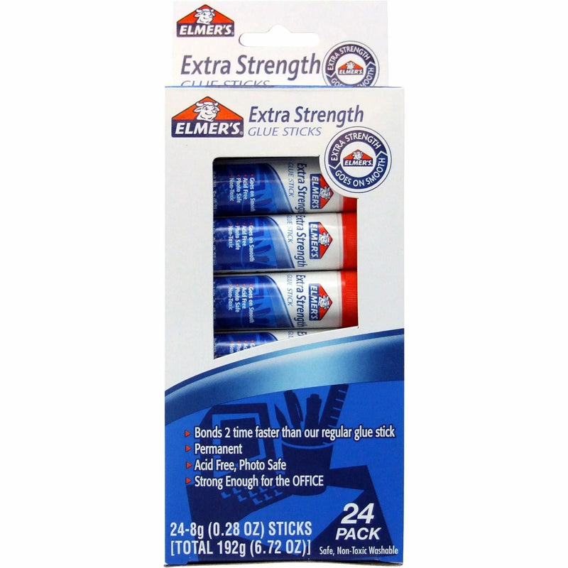 Elmer’s Extra Strength Permanent Glue Stick - 0.28 oz - White - 24 / Pack - Sticks