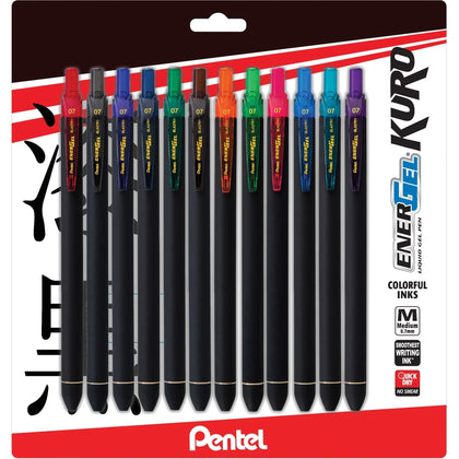 EnerGel Kuro Liquid Gel Pens - 0.7mm Retractable Assorted Ink - 12 Pack