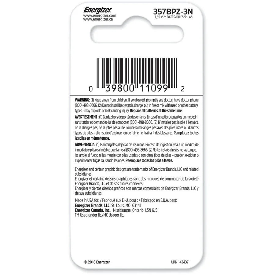Energizer 357/303 Silver Oxide Button Batteries - 1.55V DC - 3/Pack - & Battery Chargers