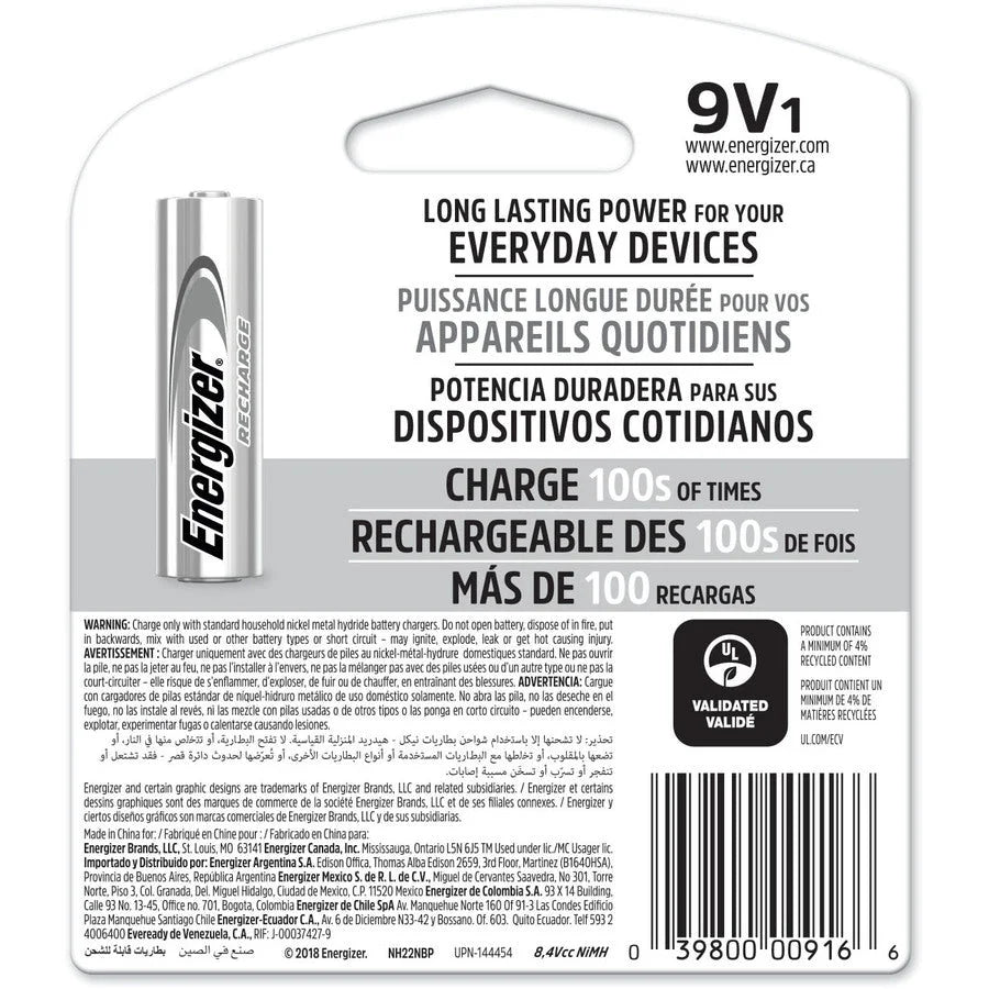 Energizer 9-Volt Recharge Batteries: Multipurpose Rechargeable 9V - 175mAh - Batteries & Battery Chargers