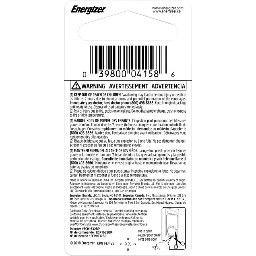 Energizer CR1632 Lithium Coin Battery - 130 mAh - 3V DC - For Various Devices - Batteries & Chargers
