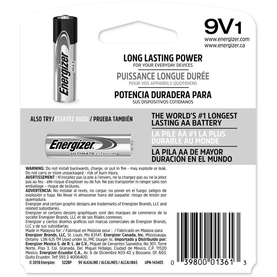 Energizer MAX Alkaline 9V Batteries - Reliable Power for All Devices - & Battery Chargers