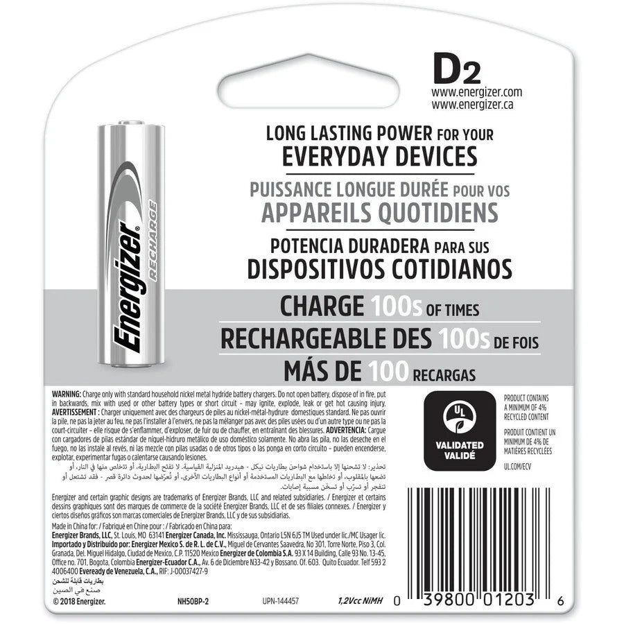 Energizer Recharge Universal D Batteries - 2500 mAh - 2 Pack - & Battery Chargers