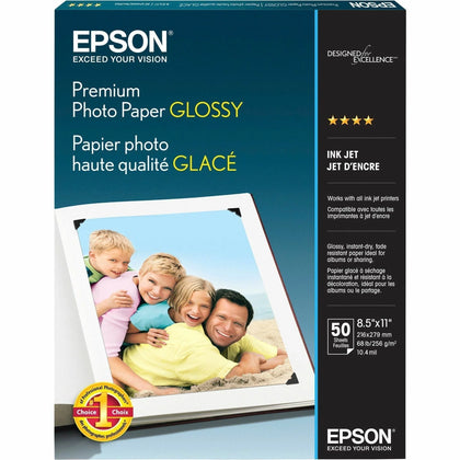 Epson Premium Photo Glossy Paper: High Gloss 92 Brightness 8.5’’ x 11’’ 68 lb - 50 Pack - Paper