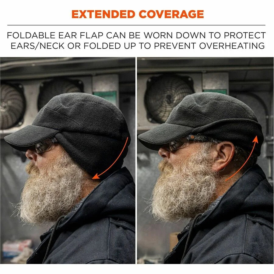 Ergodyne 6807 Winter Baseball Cap: Fleece Ear Flaps Elastic - Black - Protective Gear