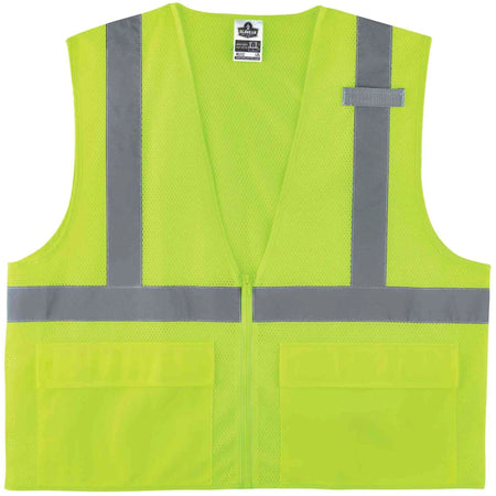 Ergodyne 8220Z Mesh Vest - Class 2 Standard - Lime - Zipper Closure - Safety Jackets / Vests