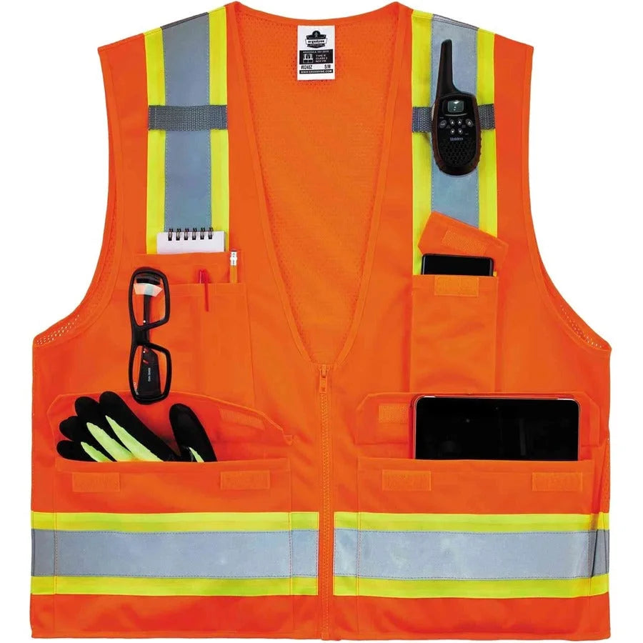 Ergodyne 8248Z Surveyors Vest - Small/Medium - Orange - Zipper Closure - Safety Jackets / Vests