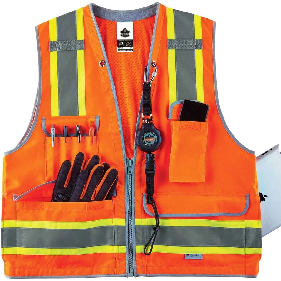 Ergodyne 8254HDZ Surveyors Vest - Heavy-Duty Class 2 - Orange - Large/Extra Large - Safety Jackets / Vests