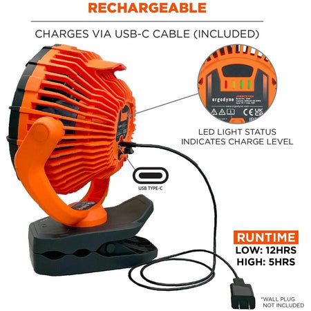 Ergodyne Chill-Its 6090 Portable Jobsite Fan - Rechargeable 2-Speed Cooling - Fans