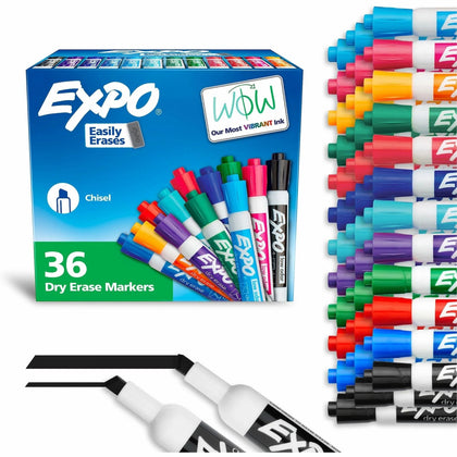 Expo Dry Erase Markers: Chisel Point Erasable Ink - Assorted Colors - 36/Box - Markers & Dry-Erase