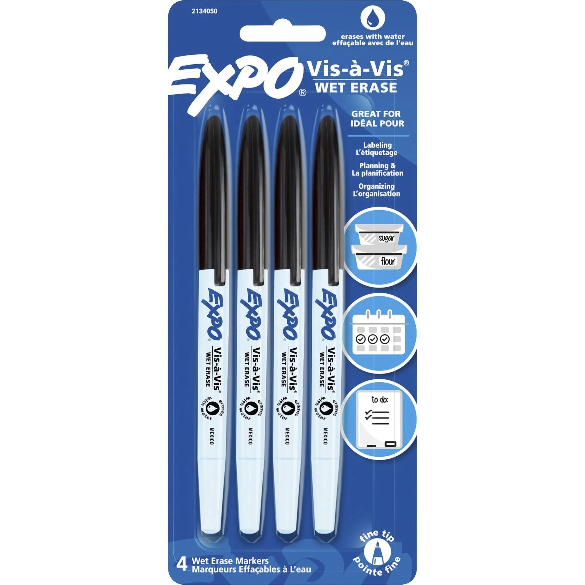 Expo Vis-A-Vis Fine Black Wet-Erase Markers - Erasable Ink - 4 Pack - & Dry-Erase