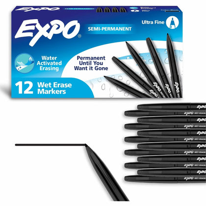 Expo Vis-A-Vis Ultra Fine Black Wet-Erase Markers - 1 Dozen - & Dry-Erase