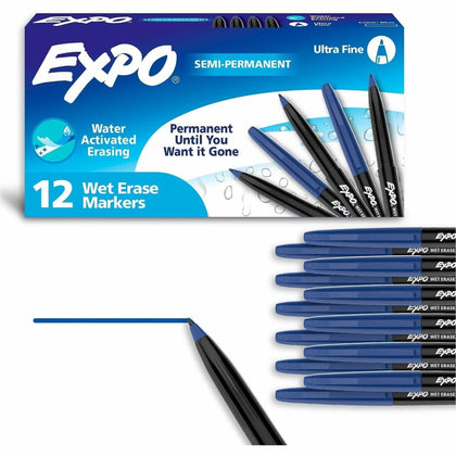 Expo Vis-A-Vis Ultra Fine Blue Wet-Erase Markers - 1 Dozen - & Dry-Erase