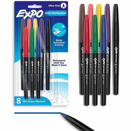 Expo Vis-A-Vis Ultra Fine Wet-Erase Markers - Assorted Ink - 8 Pack - & Dry-Erase
