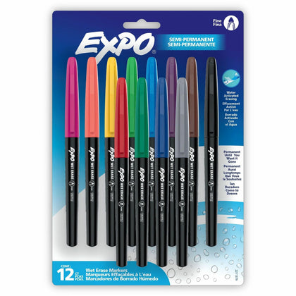 Expo Wet-Erase Markers: Erasable Ink Assorted Colors - 12 Pack - Markers & Dry-Erase