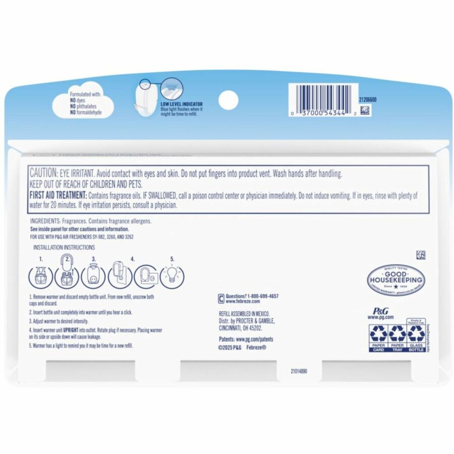 Febreze Plug Linen/Sky Oil Refill - 0.8 fl oz (0 quart) - Linen & Sky - 50 Day - 3/Pack - 6 / Carton - Air Fresheners