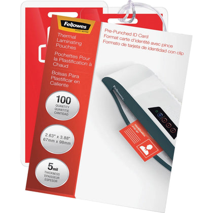 Fellowes ID Card Laminating Pouches - 3.88’’ x 5 mil - Clear Durable - 100 Pack - Supplies