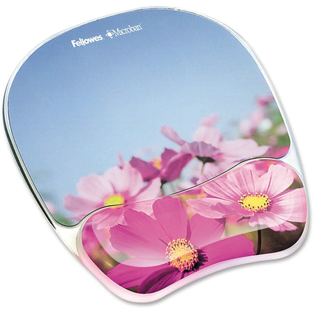 Fellowes Microban Photo Gel Mouse Pad Wrist Rest - Pink Flowers - Stain Resistant & Skid Proof - Pads Rests