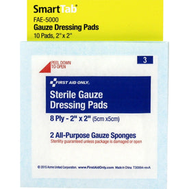 First Aid Only Gauze Dressing Pads - Sterile 8-Ply - 2’’x2’’ - White - 10 Pack - Bandages & Wraps