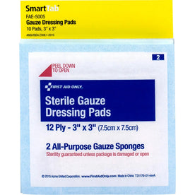 First Aid Only Sterile Gauze Pads - 12 Ply - 3x3 - White - 10 Pack - Bandages & Wraps