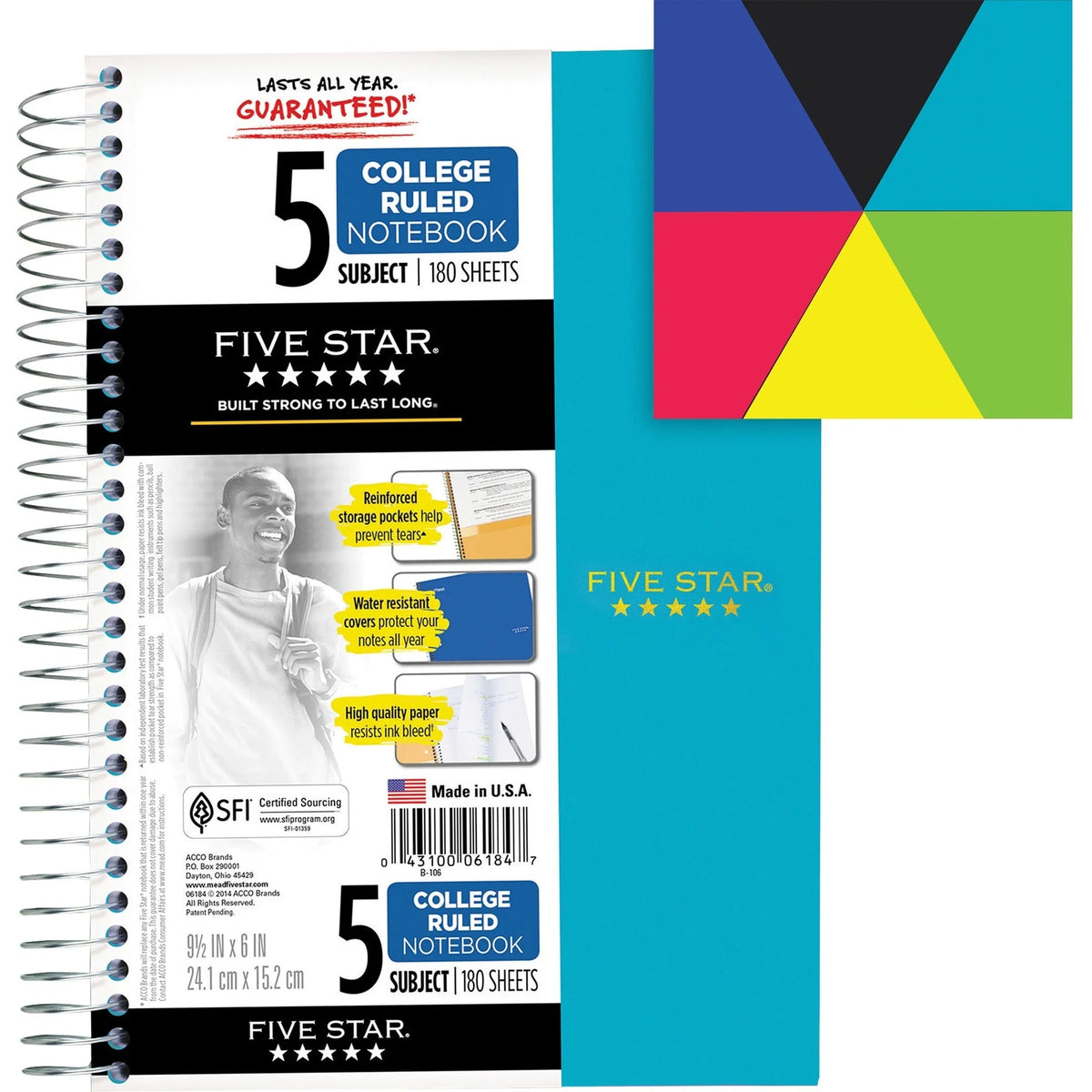 Five Star 5-Subject Notebook: College Ruled Wire Bound 6’’ x 9 1/2’’ - White Paper Plastic Cover - Pocket Divider