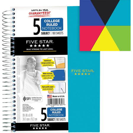 Five Star 5-Subject Notebook: College Ruled Wire Bound 6’’ x 9 1/2’’ - White Paper Plastic Cover - Pocket Divider