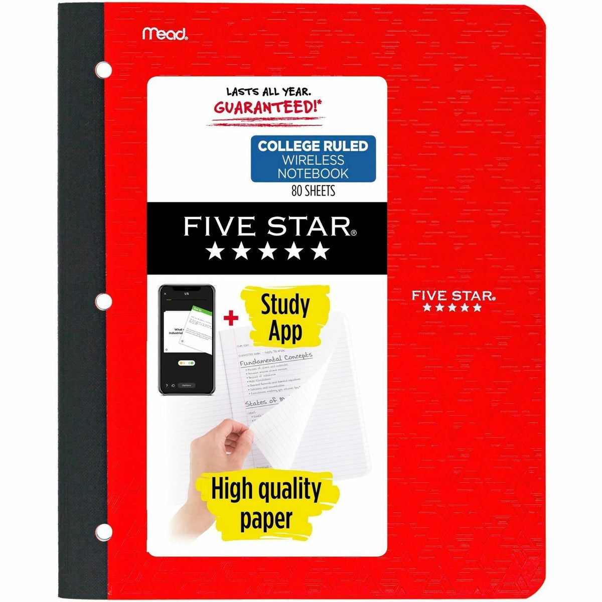 Five Star 11’’ 1-subject Wireless Notebook - 80 Sheets - Sewn - College Ruled Front Ruling - 3 Hole(s) - 9 1/8’’ x