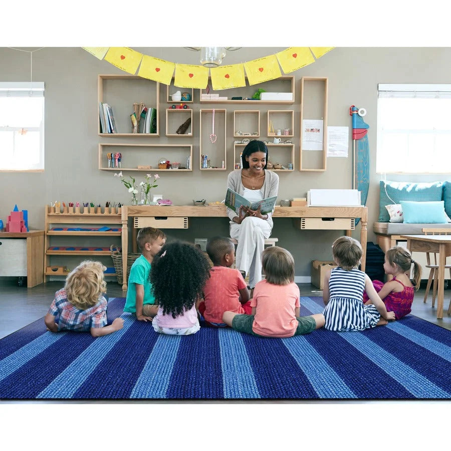 Flagship Carpets Basketweave Stripes Classroom Rug - Blue Nylon - Rugs & Mats