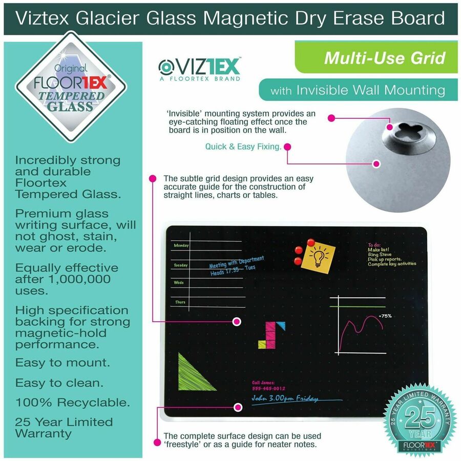 Floortex Viztex® Glacier Black Multi-Purpose Grid Glass Dry-Erase Board 17" x 23" - Alternate-Image5