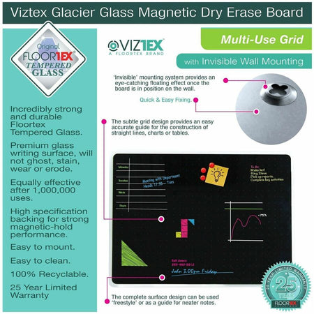 Floortex Viztex® Glacier Black Multi-Purpose Grid Glass Dry-Erase Board 17" x 23" - Alternate-Image5
