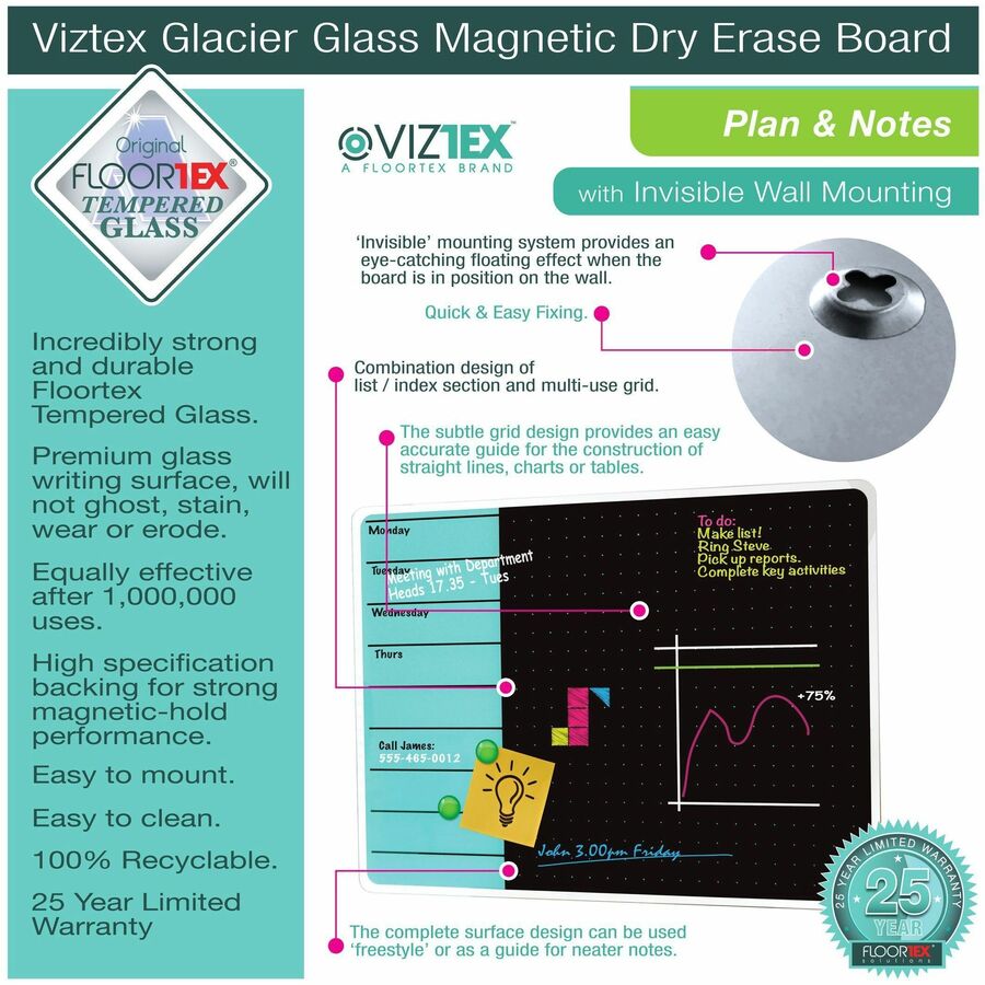 Floortex Viztex® Glacier White & Black Plan & Grid Glass Dry-Erase Board - 17" x 23" - Alternate-Image10
