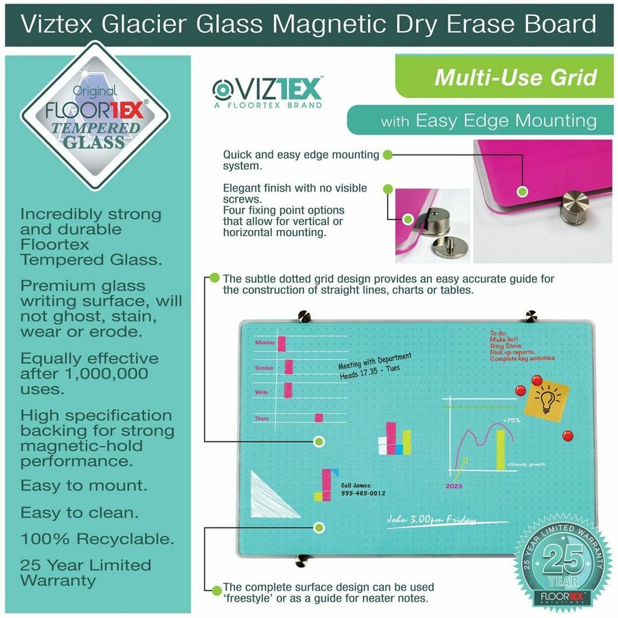 Floortex Viztex® Glacier White Multi-Purpose Grid Glass Dry-Erase Board 30" x 40" - Alternate-Image2