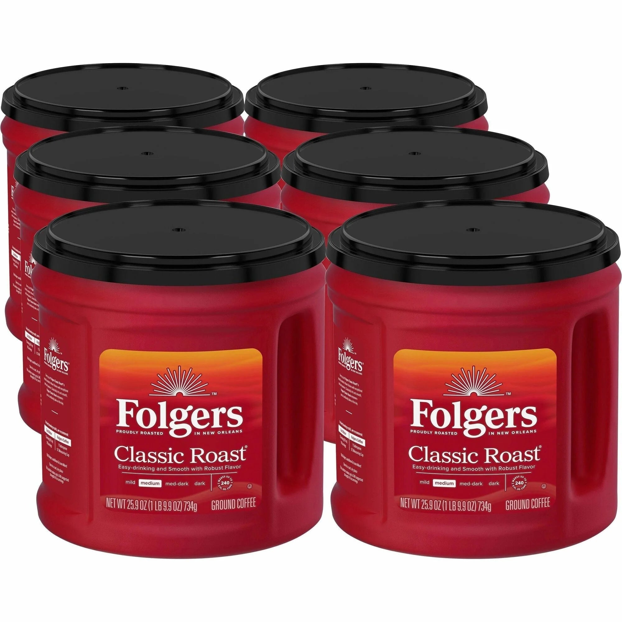 Folgers Classic Roast Coffee: Medium Ground 25.9 oz Canister - 6 Carton - Coffee
