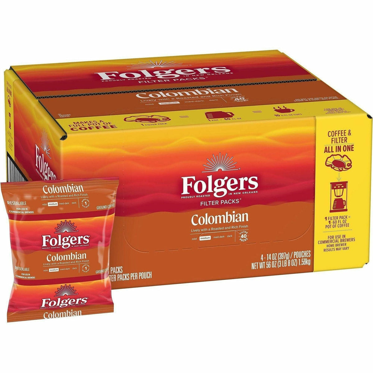 Folgers® Filter Pack Colombian Coffee - Regular - Medium/Dark - 1.4 oz - 40 / Carton