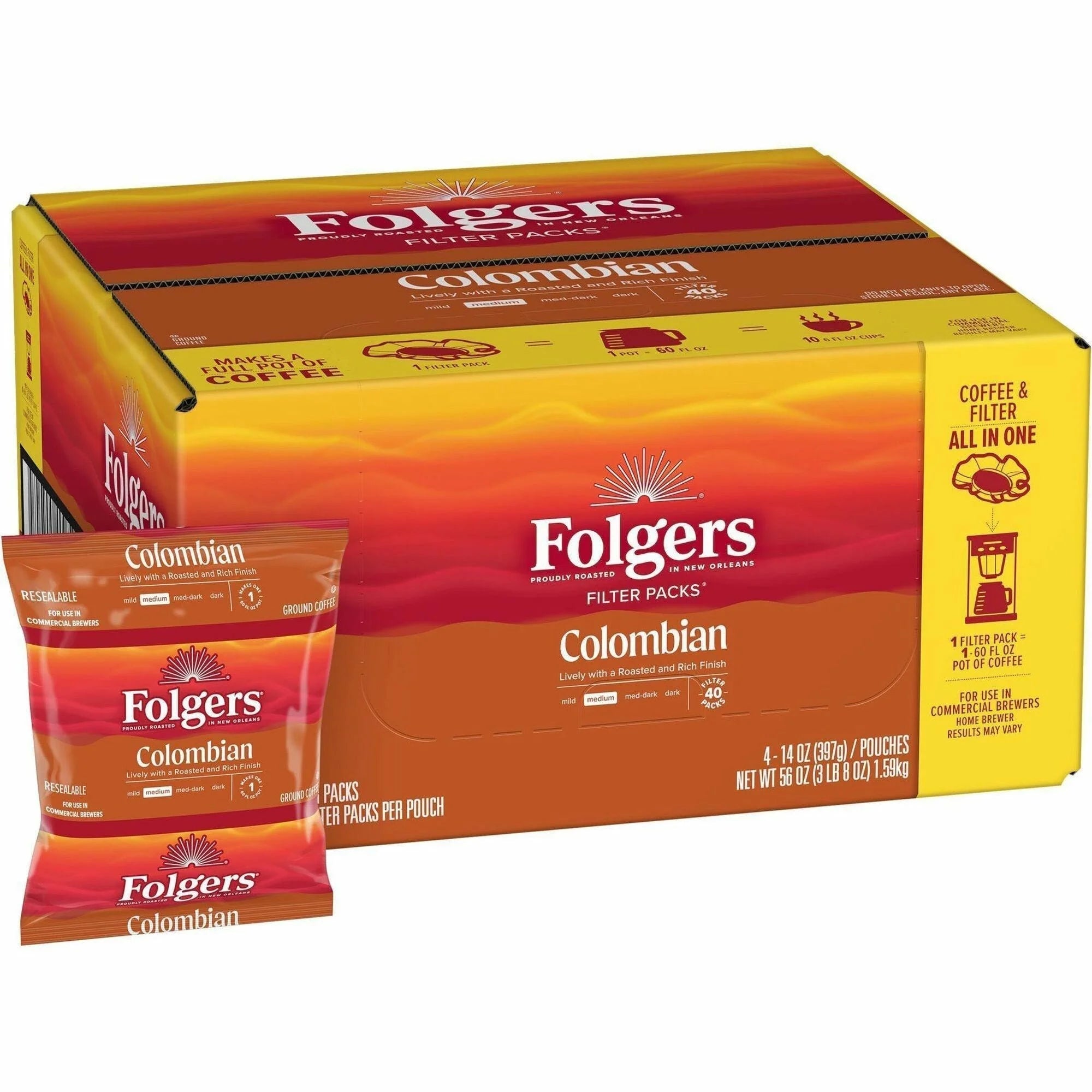 Folgers® Filter Pack Colombian Coffee: Regular Medium/Dark - 1.4 oz - 40 Packs - Coffee