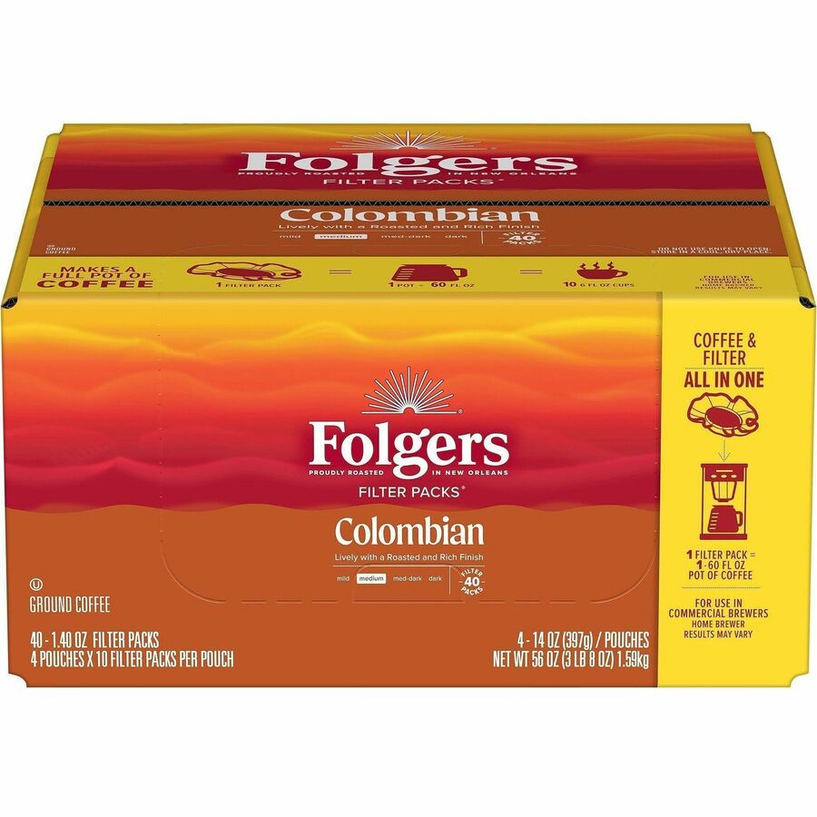 Folgers® Filter Pack Colombian Coffee - Regular - Medium/Dark - 1.4 oz - 40 / Carton