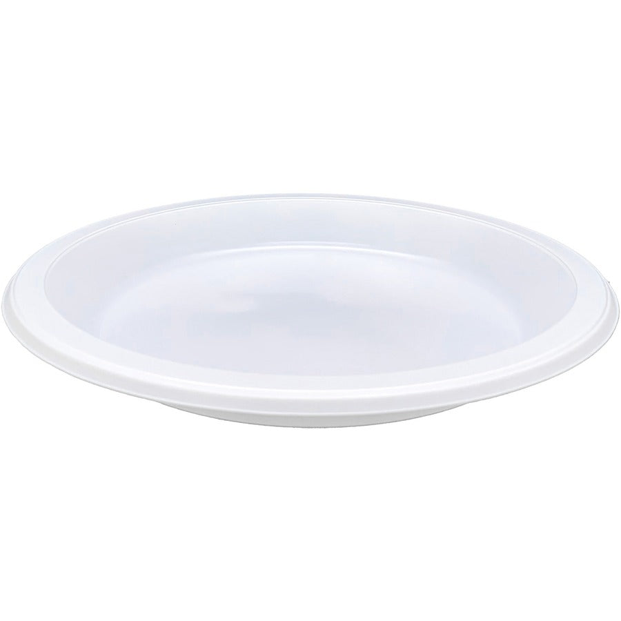 Genuine Joe 10-1/4’’ Large Plastic Plates - Disposable - 10.3’’ Diameter - Warm White - Body - 125/Pack - 4 / Carton