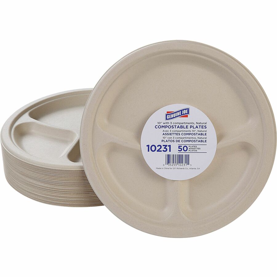 Genuine Joe 10’’ 3-Compartment Compostable Plates - Breakroom Office - Disposable - Diameter - White Natural