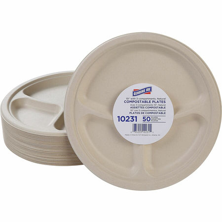 Genuine Joe 10’’ 3-Compartment Compostable Plates - Breakroom Office - Disposable - Diameter - White Natural