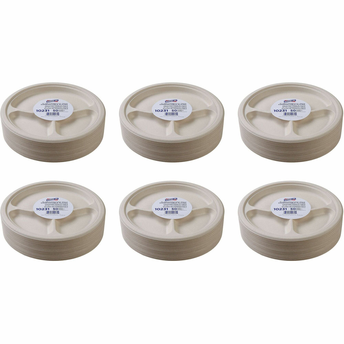 Genuine Joe 10’’ 3-Compartment Compostable Plates - Breakroom Office - Disposable - Diameter - White Natural