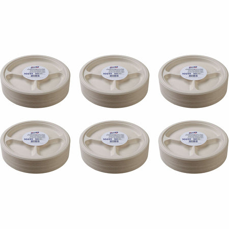 Genuine Joe 10’’ 3-Compartment Compostable Plates - Breakroom Office - Disposable - Diameter - White Natural