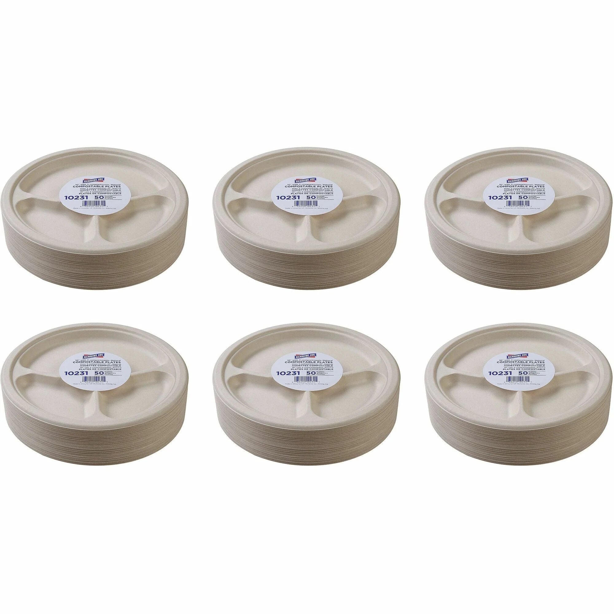 Genuine Joe 10’’ 3-Compartment Compostable Plates - Breakroom Office - Disposable - Diameter - White Natural