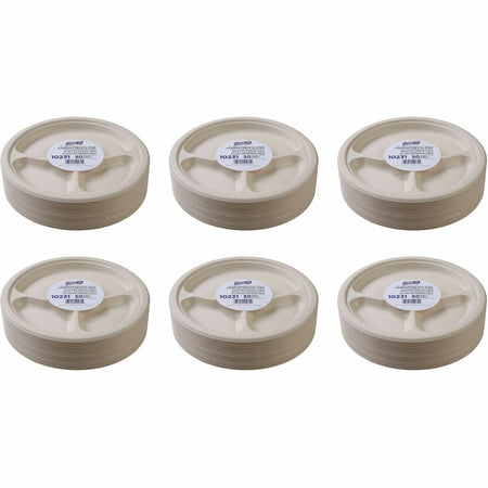 Genuine Joe 10’’ 3-Compartment Compostable Plates - Breakroom Office - Disposable - Diameter - White Natural