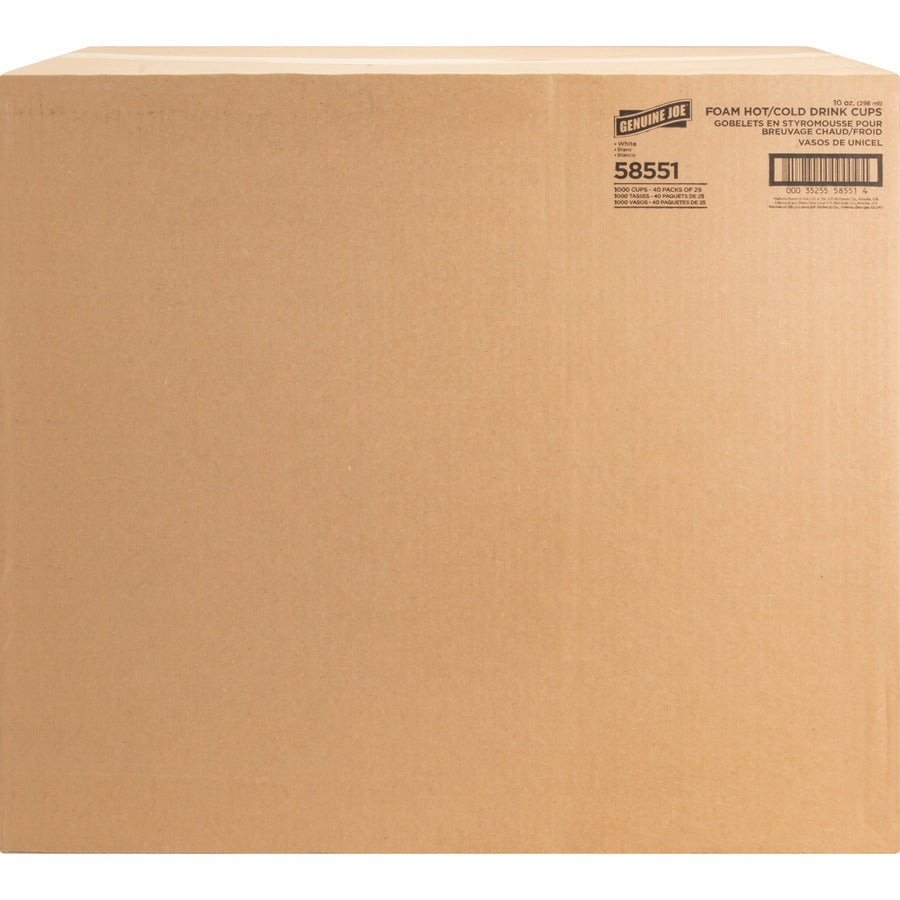 Genuine Joe 10 oz Hot/Cold Foam Cups - fl - White - Hot Drink Cold - 25/Pack - 40 / Carton