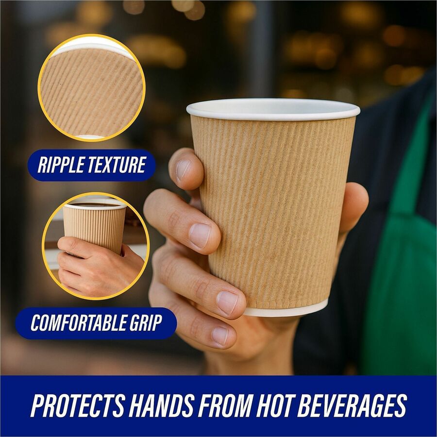 Genuine Joe 10 oz Rippled Hot Cups - 25 / Pack - fl - 20 / Carton - Brown - Drink Beverage - Drinking