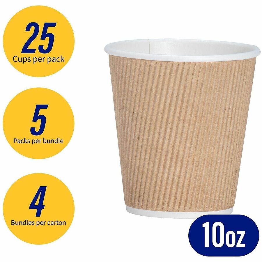 Genuine Joe 10 oz Rippled Hot Cups - 25 / Pack - fl - 20 / Carton - Brown - Drink Beverage - Drinking