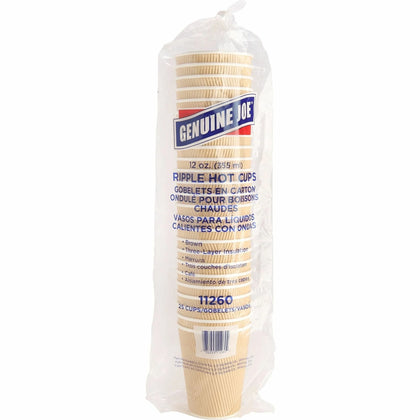 Genuine Joe 12 oz Rippled Hot Cups - Brown - 25 Pack