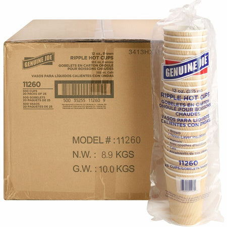 Genuine Joe 12 oz Rippled Hot Cups - fl - Brown - Drink Beverage - 25/Pack - 20 / Carton
